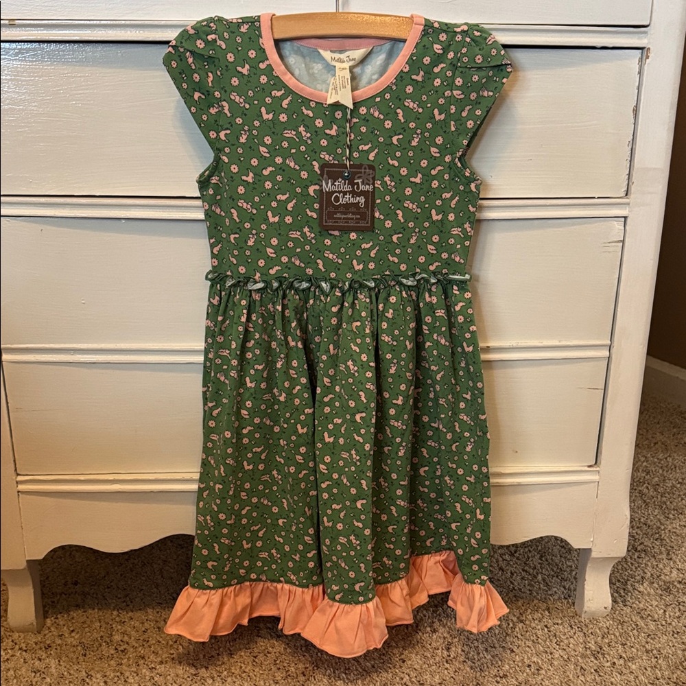 Matilda Jane “Just Us Girls Dress” Green with Peach Trim, Floral Print Animals 6
